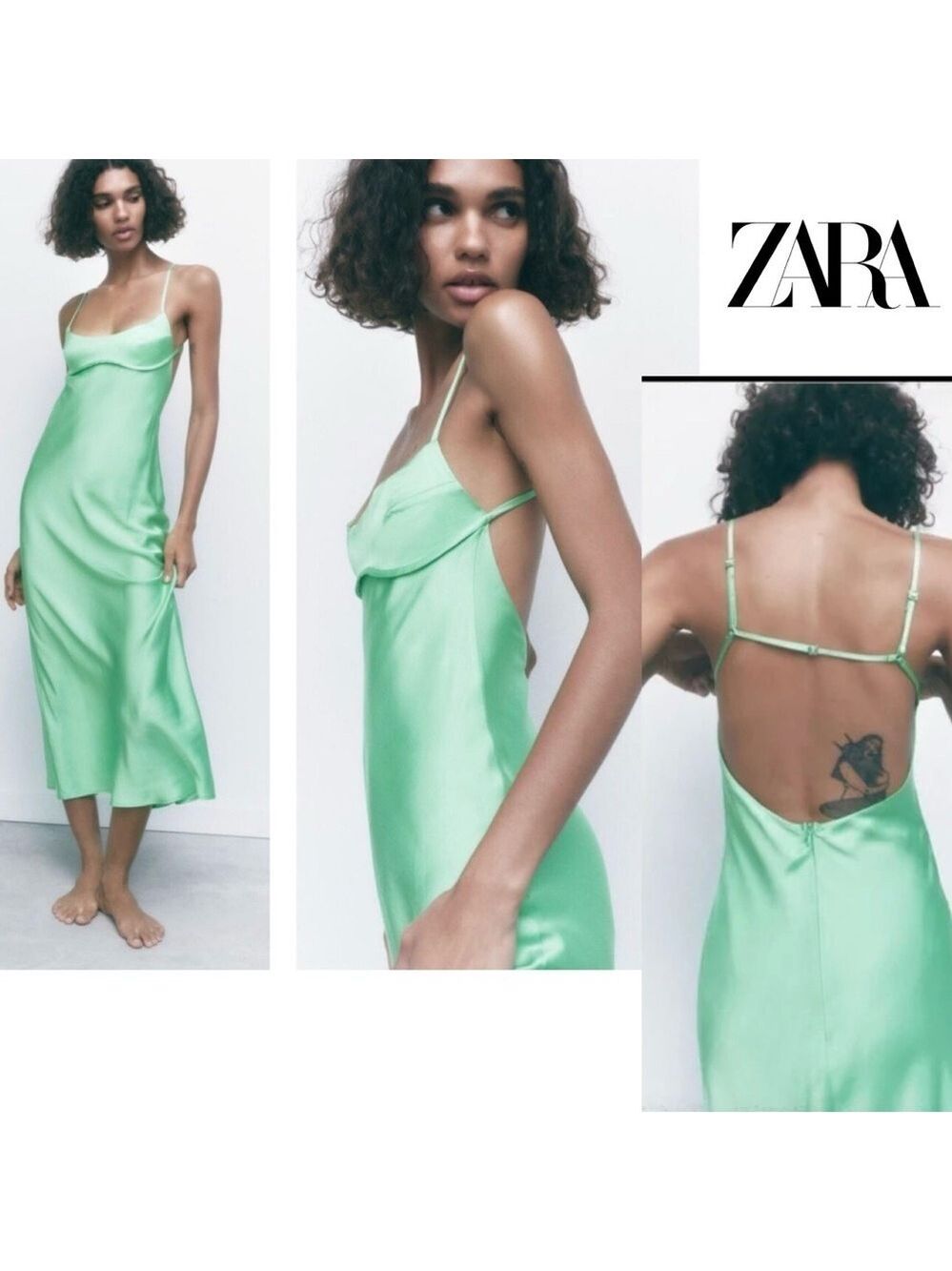 Zara Green satin effect spaghetti strap midi slip dress Sz XXL NWOT
